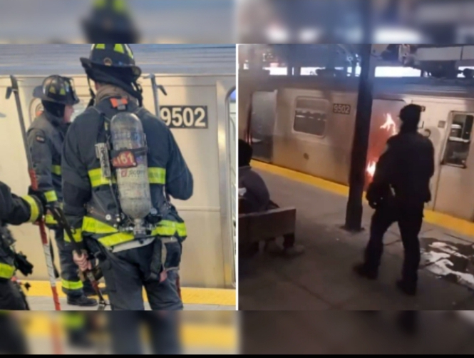 A woman set ablaze on New York subway