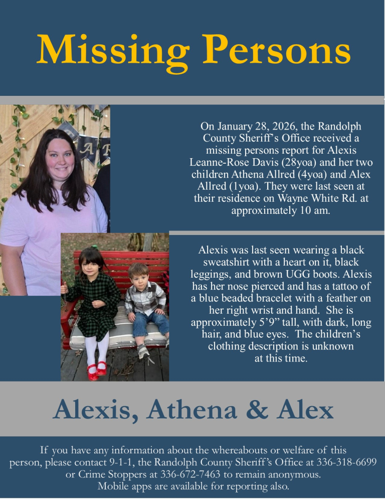 Mother, Two Young Children Reported Missing in Randolph County