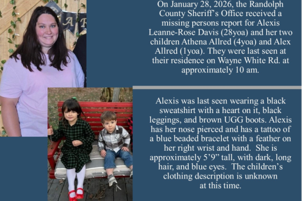 Mother, Two Young Children Reported Missing in Randolph County